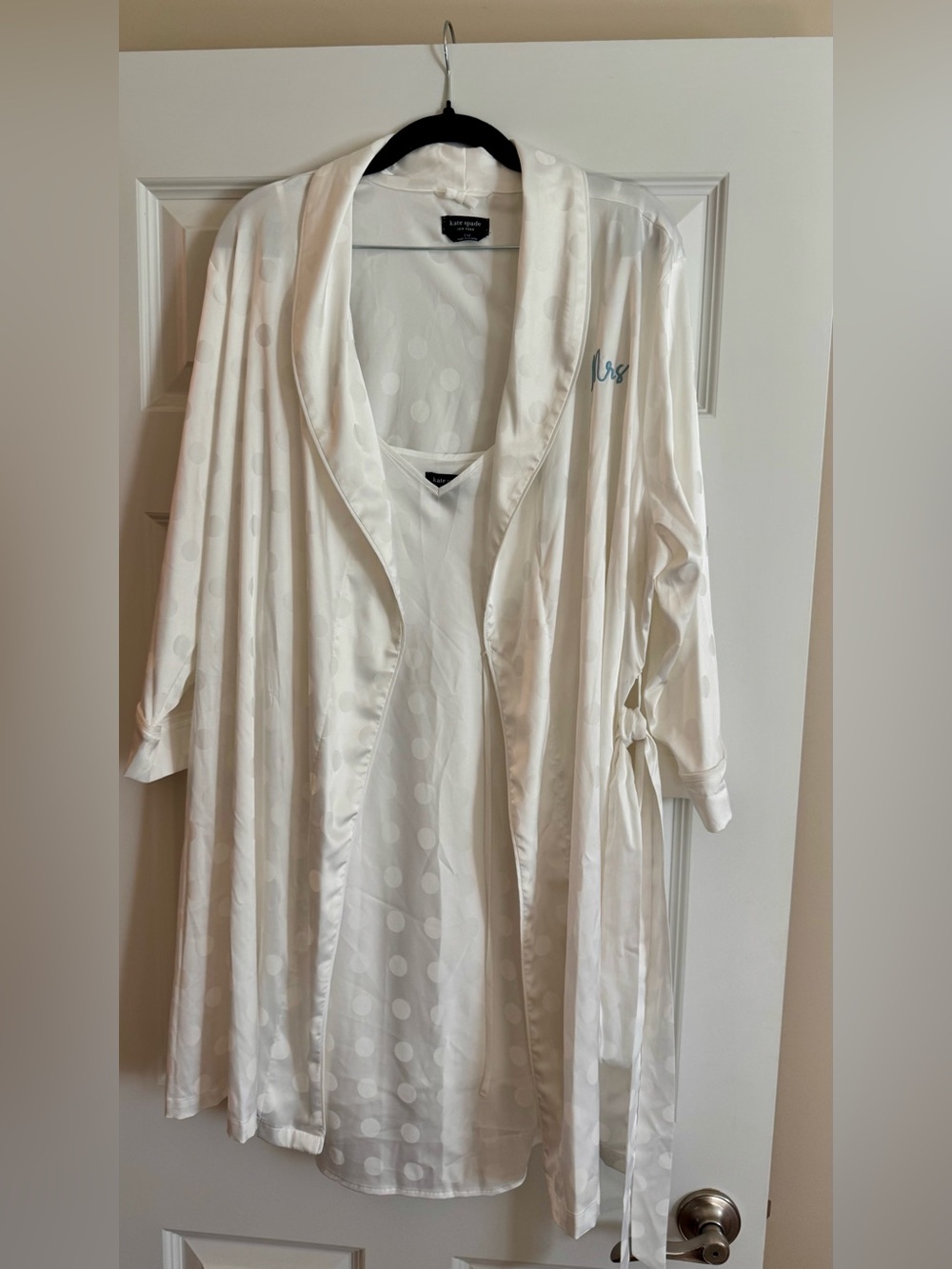 Kate Spade Mrs Bridal Robe & Slip Set White Polka Dot L XL